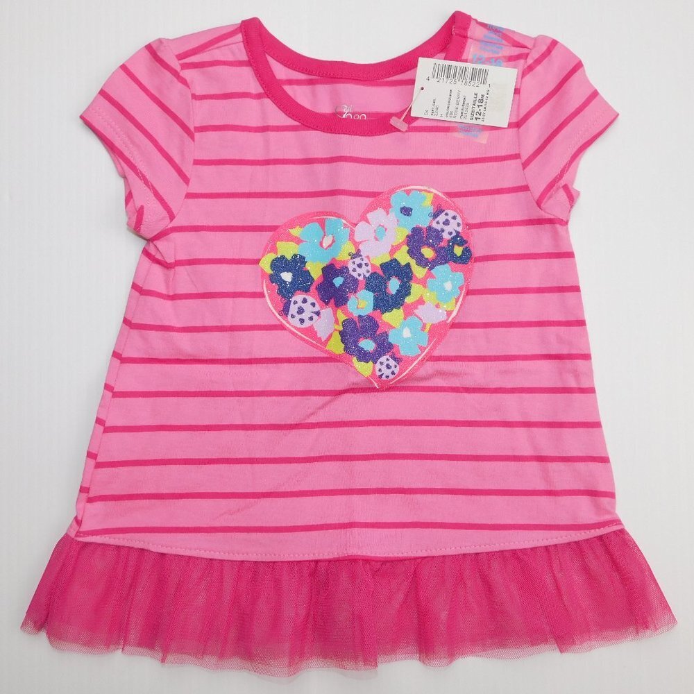 The Childrens Place Pink Striped Shirt Ruffle Hem Baby Girl 12-18 Months 12M 18M